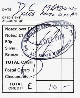 The very first bank deposit in the name of the Free Photographic Omnibus, a sponsor's £10 donation, 1972